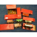 HORNBY 0 GAUGE 6 BOXED WAGONS NE NO 1 13T 404844, LMS FLAT WITH CONTAINER 42160, LMS HOPPER IN GREEN