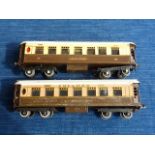 HORNBY 0 GAUGE, TWO TINPLATE PULLMAN BOGIE COACHES IOLANTHE & GROSVENOR, BOTH U/B , P/W AND SOME