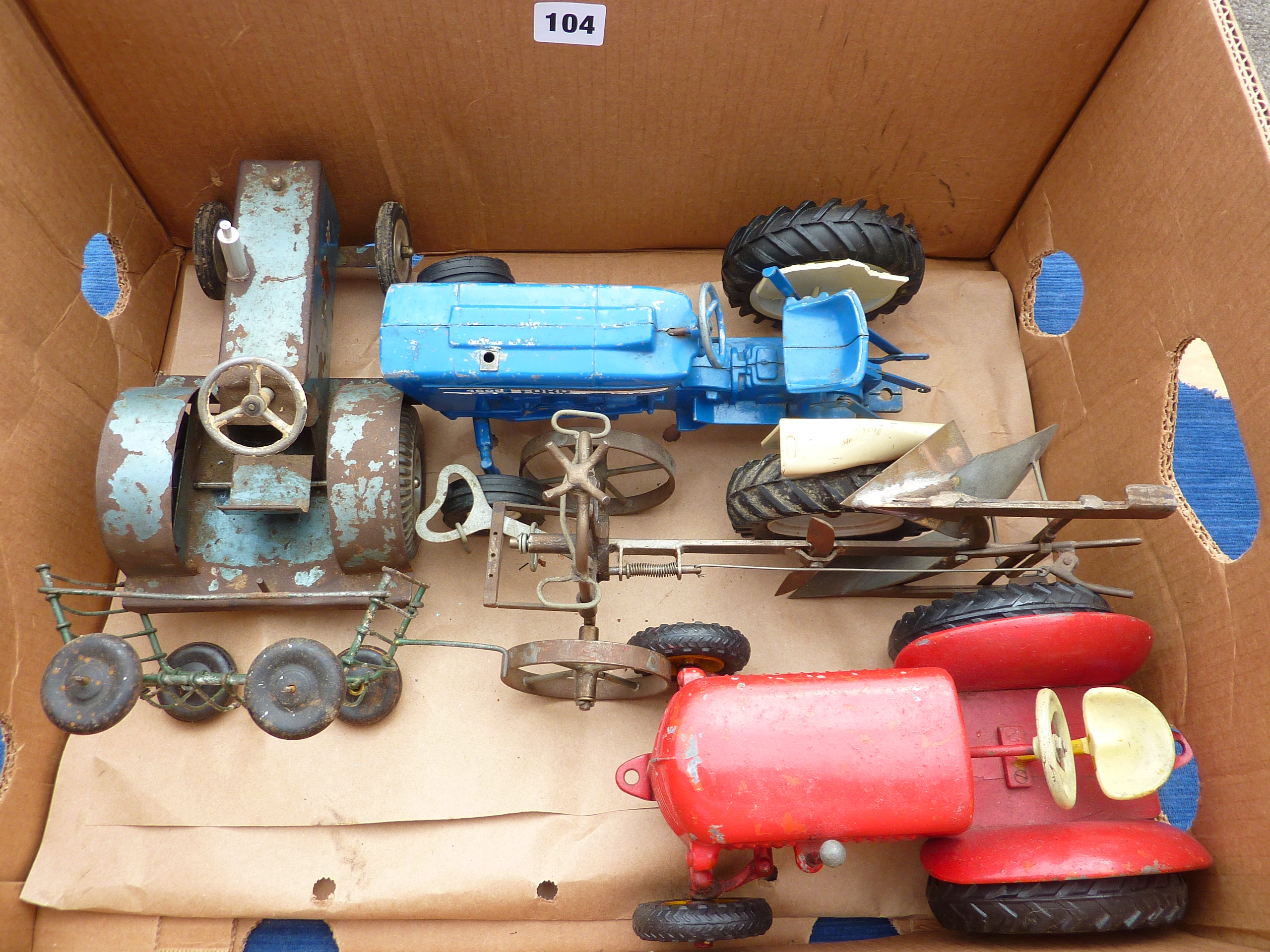 TINPLATE TRACTOR, HEAVY RED TRACTOR, FORD 4600 TRACTOR, MISC. PLOUGHS