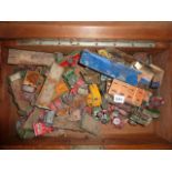 AN INTERESTING BOX OF SEVERAL VERY HEAVILY PLAY WORN AND DAMAGED DINKY TOYS MOSTLY SUPERTOY LORRIES,