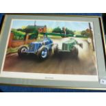 FRAMED PRINT ' DUAL AT PICARDY' SIG PHILIP LEMON 85/200 & 6 SUNDRY CAR PICTURES AND ADVERTS