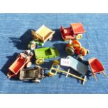DINKY AGRICULTURAL COLLECTION TRACTOR 301, WHEELBARROW, BEV TRUCK, MOTOCART, MANURE SPREADER AND A