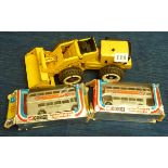 TONKA TOYS YELLOW LOADER, AND TWO PT BOXED CORGI 471 LT RM BUSES IN SILVER JUBILEE LIVERY