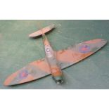 LARGE SCALE WOODEN MODEL OF A SUPERMARNE SPITFIRE, MOTORISED BUT IN NEED OF REPAIR AND RESTORATION