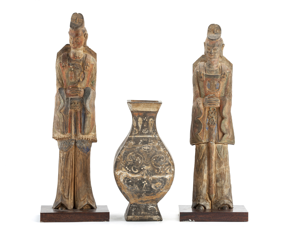 A Chinese vase and two standing court figures