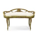 A French carved polychrome and giltwood window bench