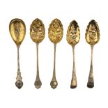Five English silver berry spoons