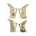 Four Royal Worcester hand-painted ''horn'' pitchers