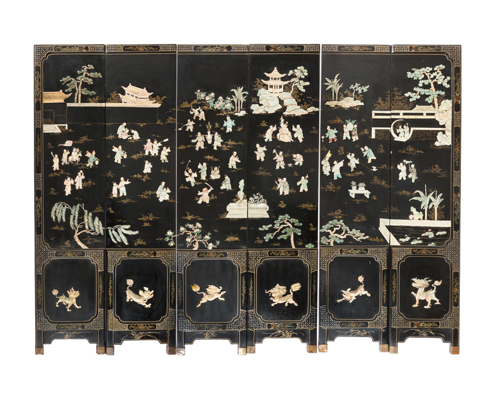 A Chinese six-panel lacquered and applied stone screen