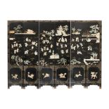 A Chinese six-panel lacquered and applied stone screen