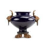 A cobalt blue and patinated metal mounted jardinière