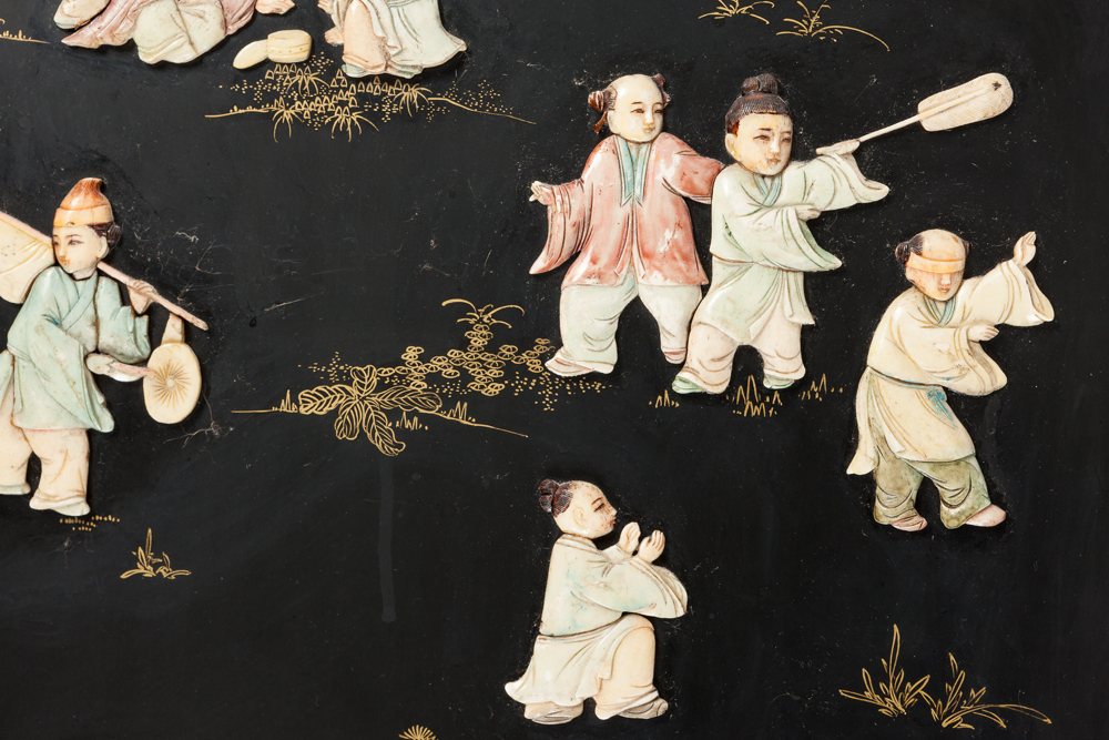 A Chinese six-panel lacquered and applied stone screen - Image 4 of 4