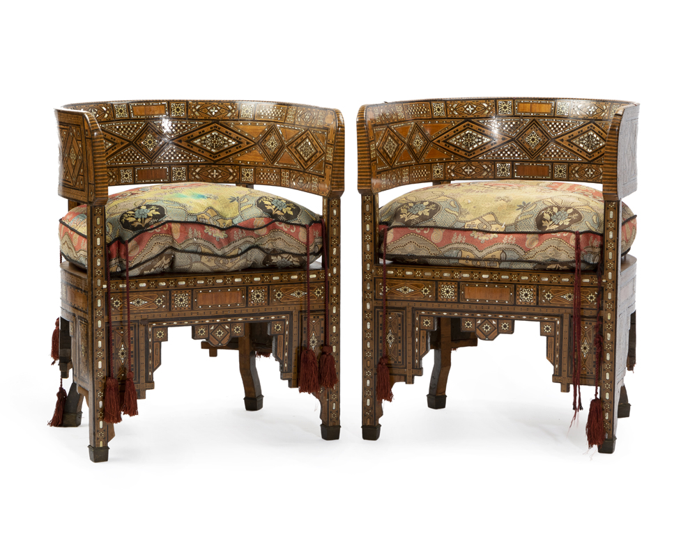 A pair of Syrian parquetry barrel chairs