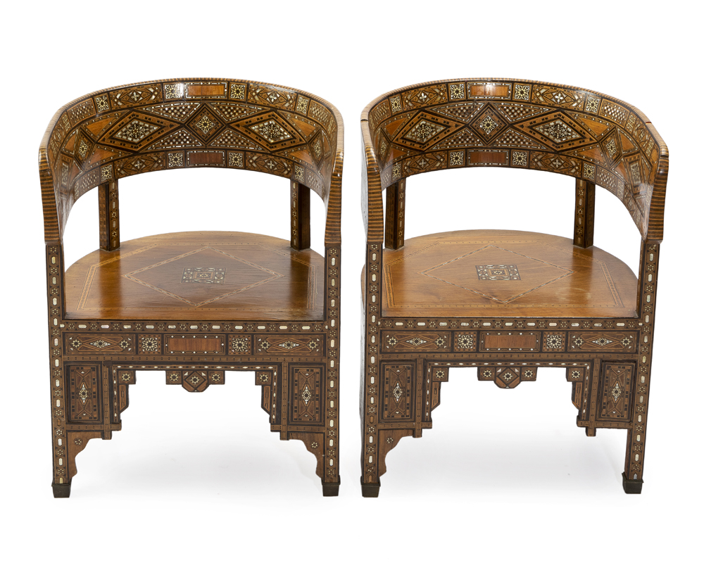 A pair of Syrian parquetry barrel chairs - Image 3 of 5