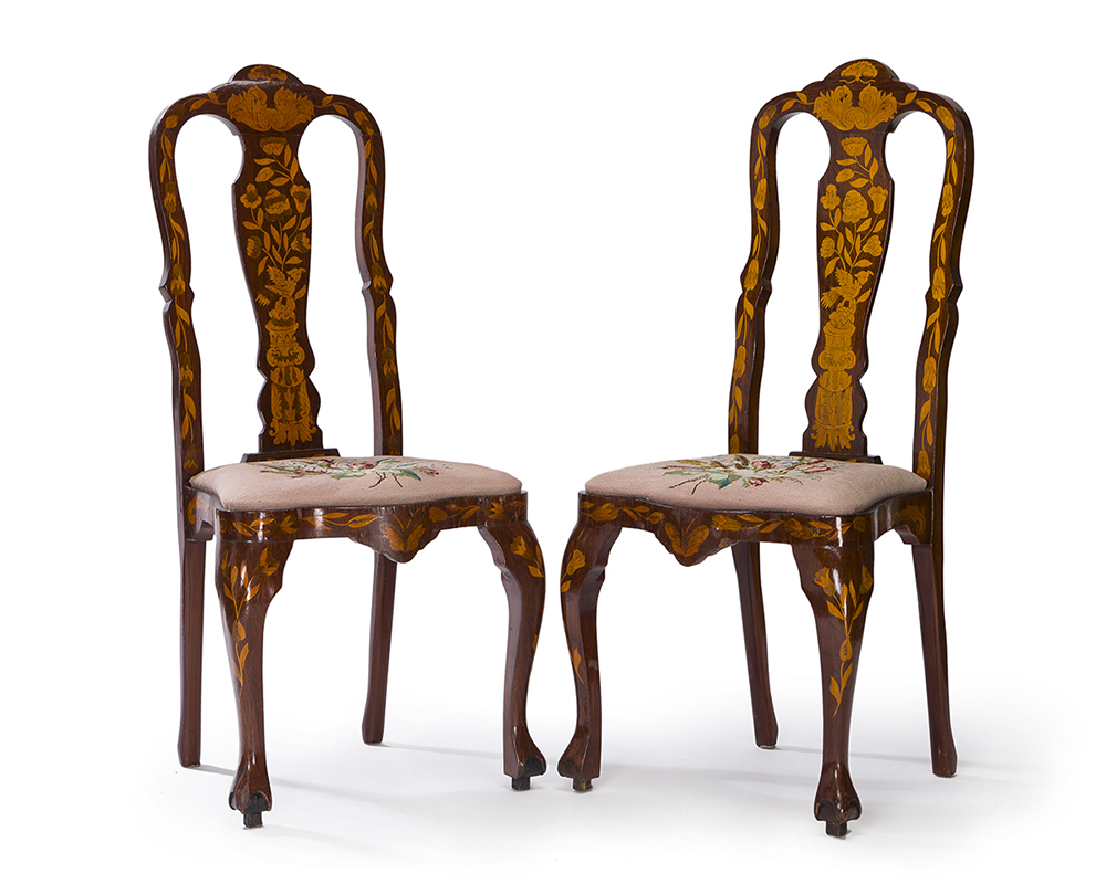 A pair of Dutch marquetry chairs