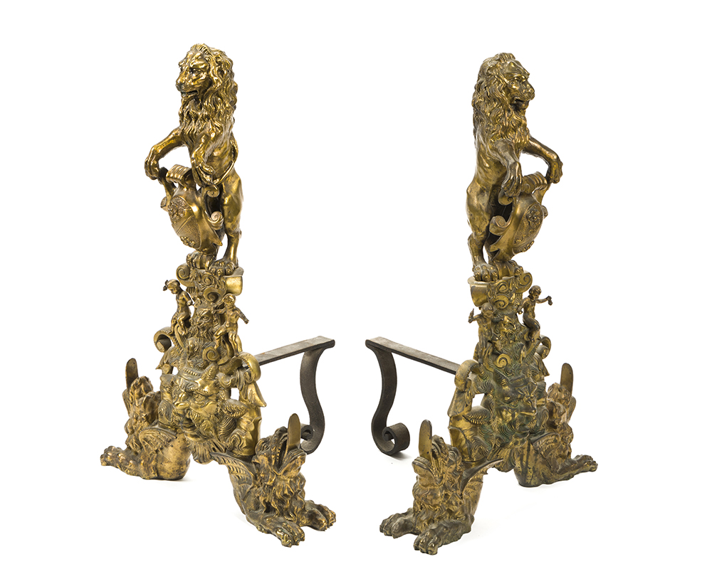 A pair of gilt bronze and cast iron andirons - Image 2 of 4