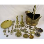 Assorted brassware inc candlesticks and coal bucket