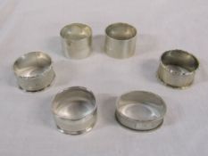 6 assorted silver napkin rings London and Birmingham hallmarks total weight 5.