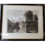 Large framed etching 'River Vesle at Reims' signed in pencil Camila Fonce 87 cm x 73 cm (size