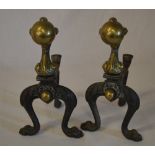 Pair of 19th century brass and cast fire dogs with ball and claw decoration