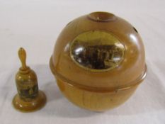 Mauchline ware string dispenser and tape measure with images of Lowestoft and Holyrood