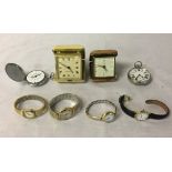 Collection of watches and travel clocks including a ladies wrist watch in an 18ct gold case.