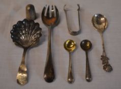 Mixed silver including thimble, condiment spoons, caddy spoon etc - total approx weight 2.