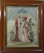 Framed 19th century tapestry of a medieval knight and maiden 29.5 cm x 34.