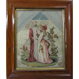 Framed 19th century tapestry of a medieval knight and maiden 29.5 cm x 34.