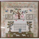 Framed early Victorian sampler by Fanny Foster aged 12 dated 1841 43.