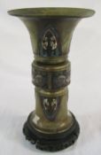 Late 19th/early 20th century large bronze and enamel vase on a wooden base H 34.