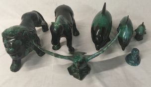 6 Blue Mountain style figures comprising lion, horse, eagle,