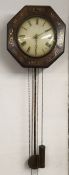 19th century wall clock with brass inlay with label to verso J F Lundy 28 Cleethorpes Rd,