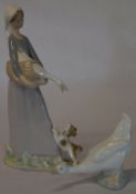 Lladro figure of a girl with goose & dog (previously repaired) and a Nao figure of a goose