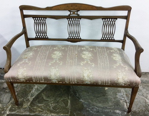 Late Victorian/Edwardian inlaid open arm & back mahogany settee