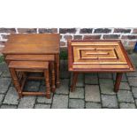 Oak nest of tables & a small coffee table with geometric inlay