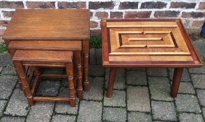 Oak nest of tables & a small coffee table with geometric inlay