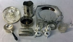 Various items of silver/chrome plate including wine coaster, tea strainer,