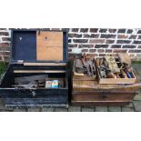 Joiner's chest and various tool and tin trunk.