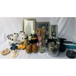 2 boxes containing camping equipment, ceramic cats, wireless keyboard,