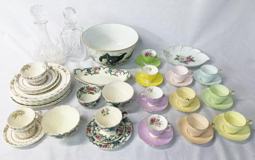 6 Aynsley coffee cups and saucers one with broken handle, floral Adderley coffee cups and saucers,