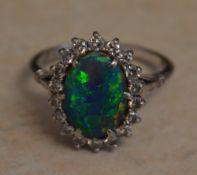 18ct white gold black opal and diamond cluster ring, central oval black opal of good colour,