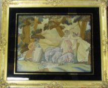Framed 19th century tapestry on silk depicting a shepherd with sheep and 2 women (tears to silk) 78