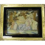 Framed 19th century tapestry on silk depicting a shepherd with sheep and 2 women (tears to silk) 78