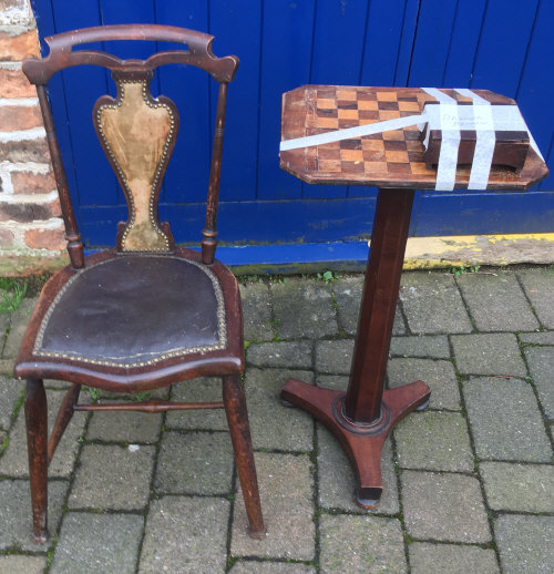 Late Victorian chair & a Victorian checker board top games table with broken draw