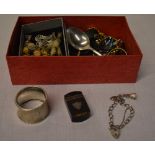 Silver napkin ring, silver small charm bracelet, various costume jewellery,