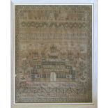 Framed George IV sampler by Ann Elliott aged 9 dated 1827 (2 holes in cloth) 46.