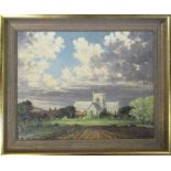 Oil on canvas by Clive Browne of a rural church scene 60 cm x 49.