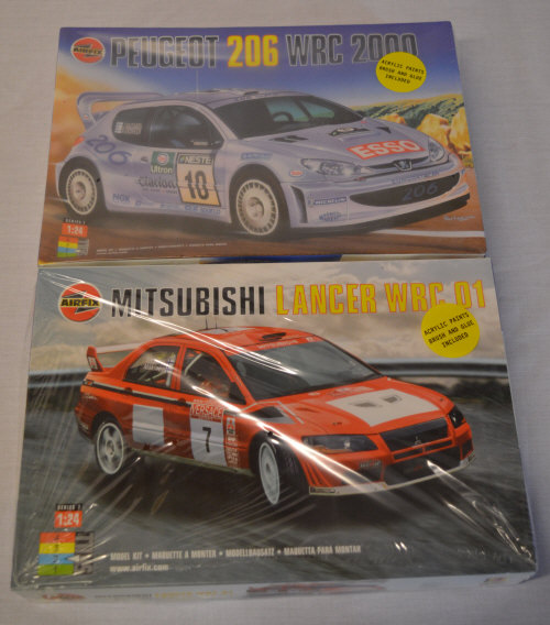 2 sealed Airfix 1:24 model kits including WRC Peugeot 206 and a WRC Mitsibishi Lancer