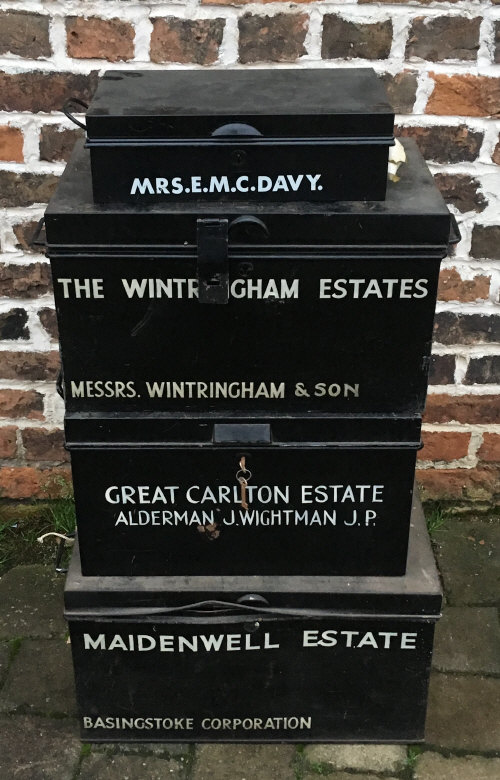 3 tin deed boxes & a small tin deed box
